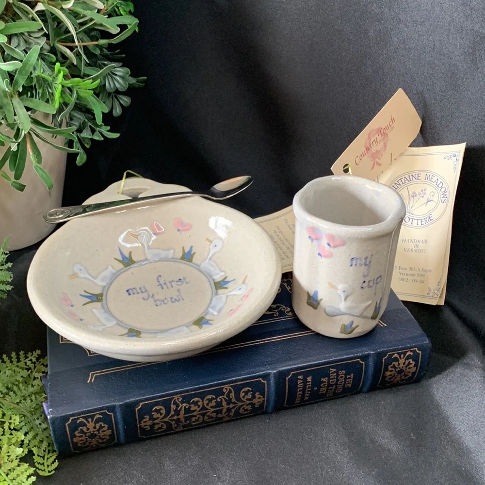 VTG 1990 Mountaine Meadow Potterie “Puddle Ducks” first plate, cup & spoon set